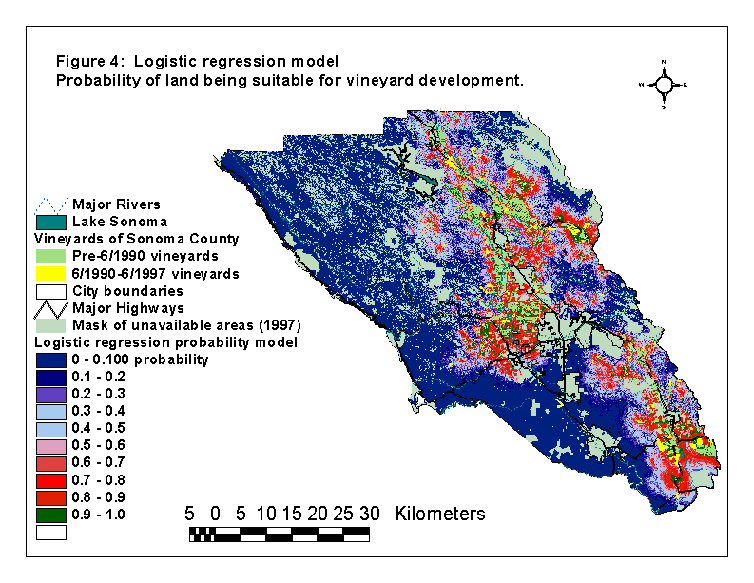 Figure 4: Logistic regression model of probability of land being suitable for vineyard development