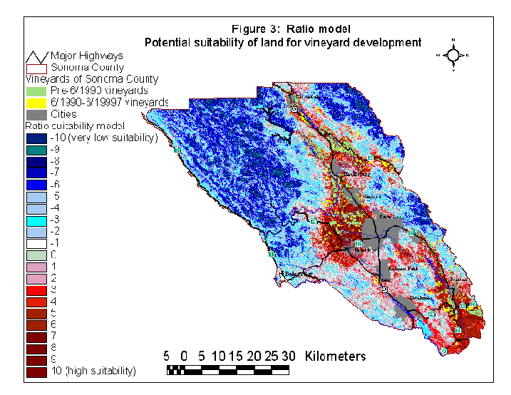 Figure 3: Ratio model of potential suitability of land for vineyard development